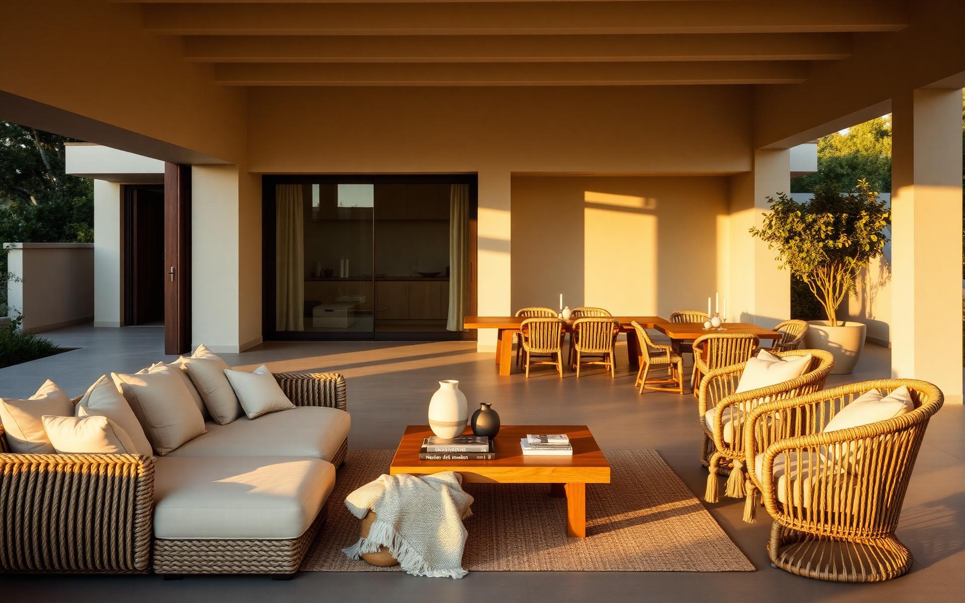 Ambiente externo mobiliado com sofá em corda náutica, poltronas e mesa gourmet YAS Outdoor